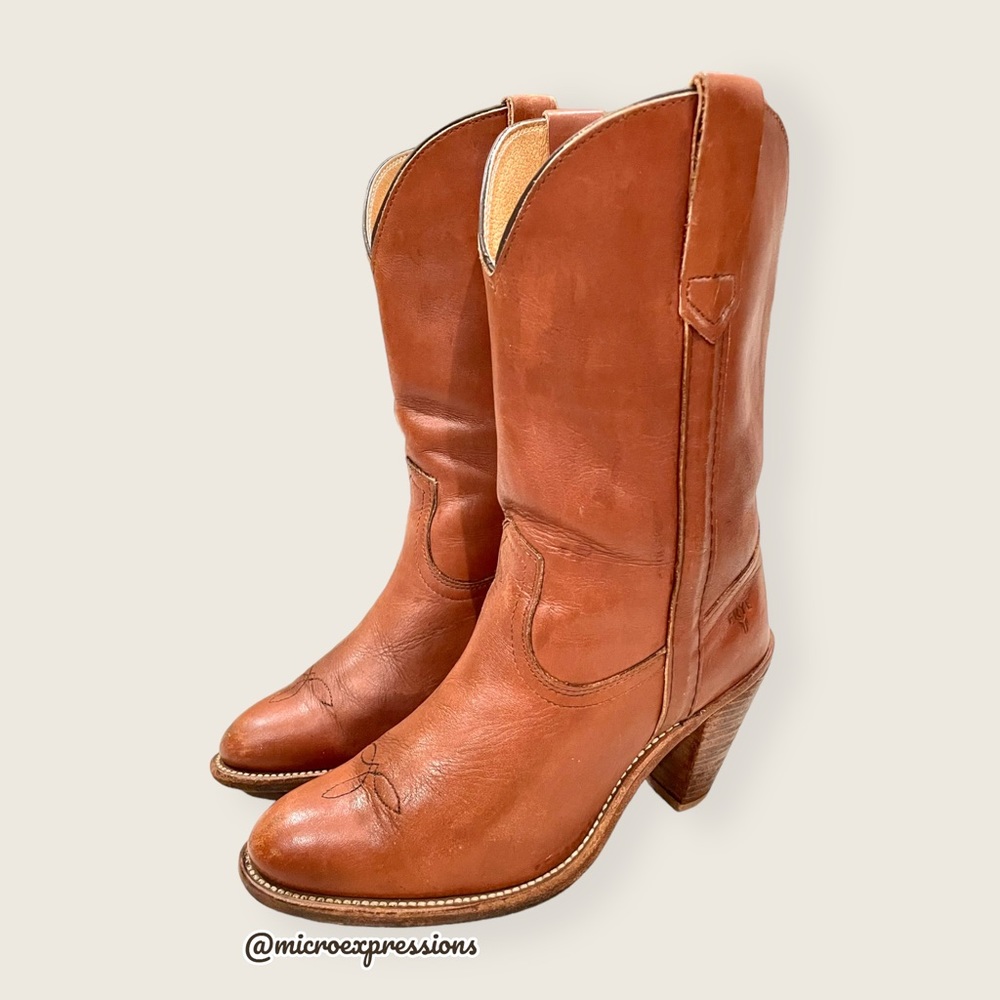 VINTAGE 1980's Frye Pull On Cognac Brown Leather Cowgirl Southern Heeled Boot - Picture 7 of 14